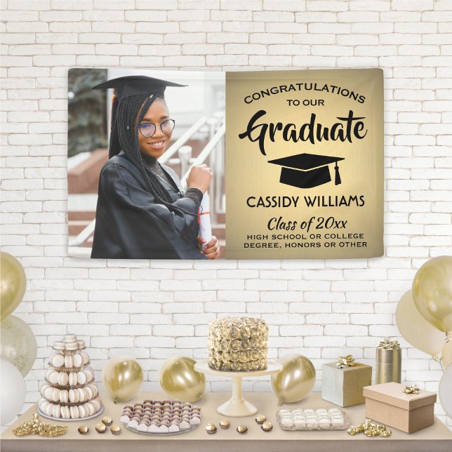 Banderoles Félicitations 1 Photo Black & Gold Faux Foil Gradu (Créateur téléchargé)
