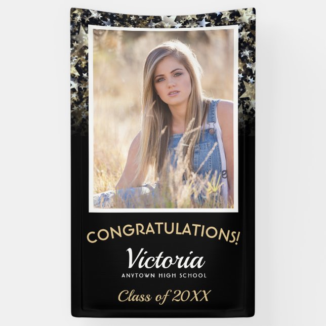 Banderoles Félicitations 2025 Graduate Black and Gold Photo (Vertical)