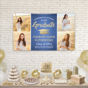 Banderoles Félicitations 4 Photo Blue Gold et White Graduatio