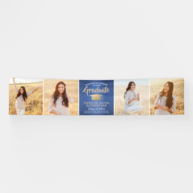 Banderoles Félicitations 4 Photo Blue Gold WhiteGraduation (Horizontal)
