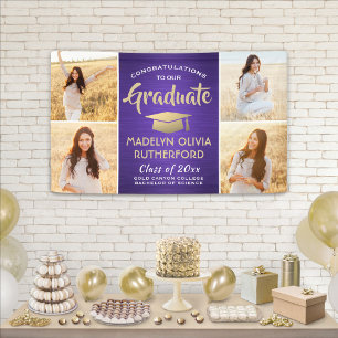 Banderoles Félicitations 4 Photo Purple Gold et White Graduat