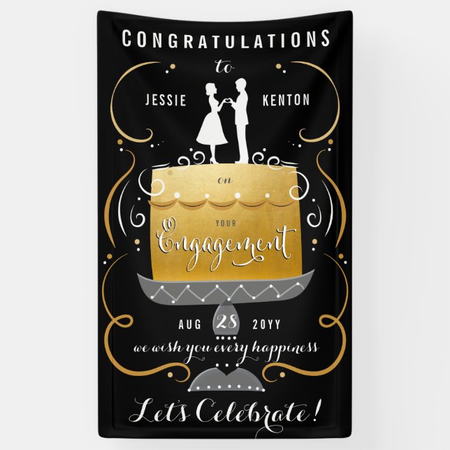 Banderoles Félicitations Black and Gold Engagement Party (Vertical)