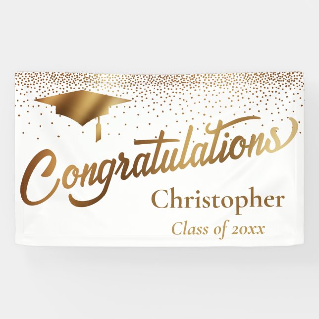 Banderoles Félicitations Diplômé, Classe d'or sur blanc (Horizontal)