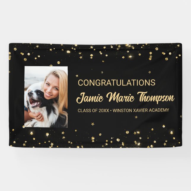Banderoles Félicitations diplômé Photo Gold confetti (Horizontal)