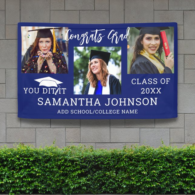 Banderoles Félicitations Grad 2025 Graduation Cap 3 Photo Ble (Congrats Grad 2025 Graduation Cap 3 Photo Blue Banner
)