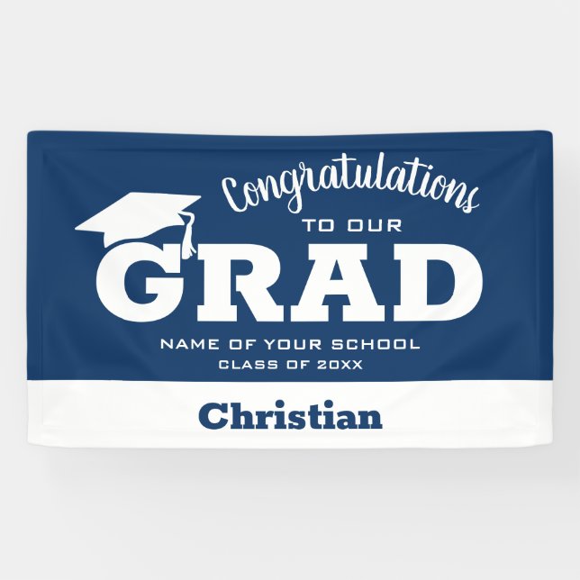 Banderoles Félicitations modernes Grad White sur Navy Blue (Horizontal)