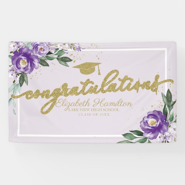 Banderoles Félicitations Purple Floral Graduation Party (Horizontal)