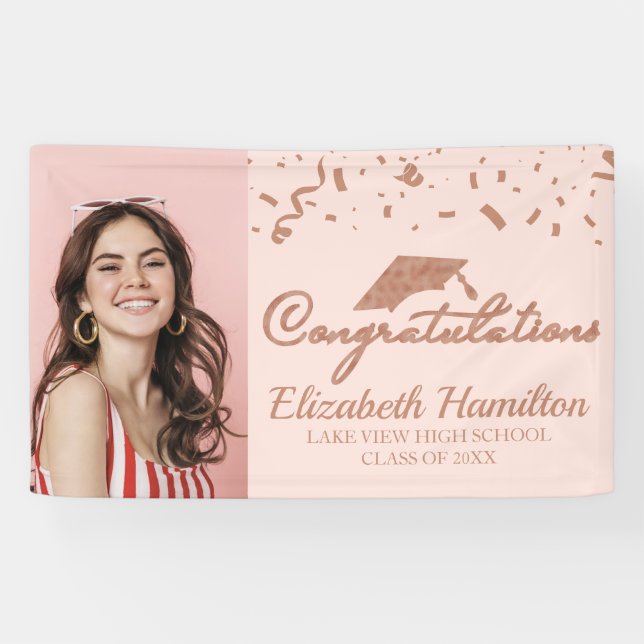 Banderoles Félicitations Rose Gold Pink Photo Graduation (Horizontal)