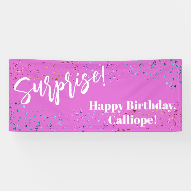 Banderoles Festif Confetti Surprise fête d'anniversaire rose (Horizontal)