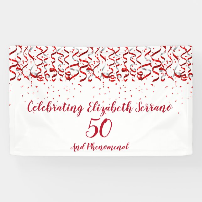 Banderoles Festive Red Ribbon & Confetti 50e fête d'anniversa (Horizontal)