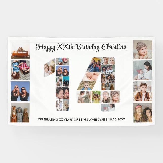 Banderoles Fête d'anniversaire 14 ans Numéro 14 Collage de ph (Horizontal)