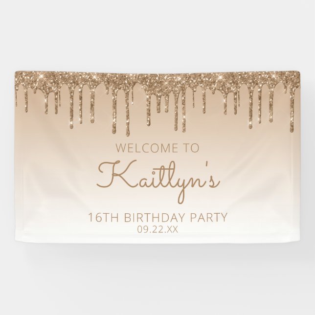 Banderoles Fête d'anniversaire 16 ans Glam Gold Glitter Drip (Horizontal)