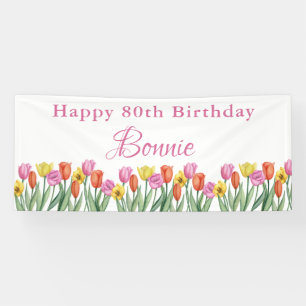 Banderoles Fête d'anniversaire 80 ans aux tulipes aquarelles
