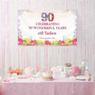 Banderoles Fête d'anniversaire 90 ans Floral Élégant / 90 Ans