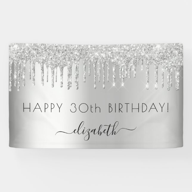 Banderoles Fête d'anniversaire argent parties scintillant nom (Horizontal)