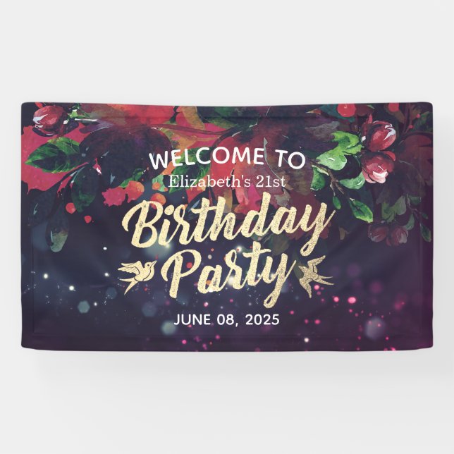 Banderoles Fête d'anniversaire Bienvenue Marsala Floral Purpl (Horizontal)