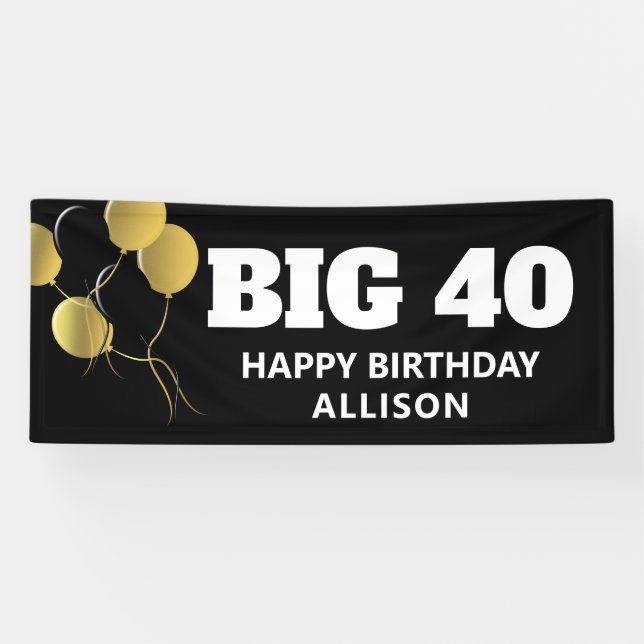 Banderoles Fête d'anniversaire Black Gold 40th Personnalisée (Horizontal)