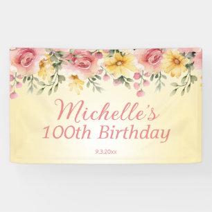 Banderoles Fête d'anniversaire de 100 ans aux fleurs roses ja