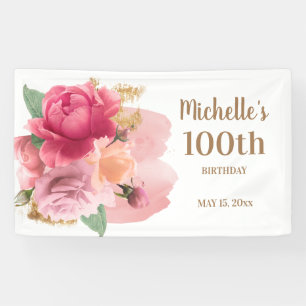 Banderoles Fête d'anniversaire de 100 ans Fleurs roses Paille