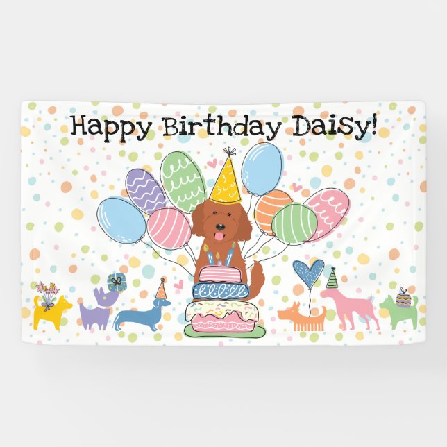 Banderoles Fête d'anniversaire de chien Goldendoodle rouge (Horizontal)