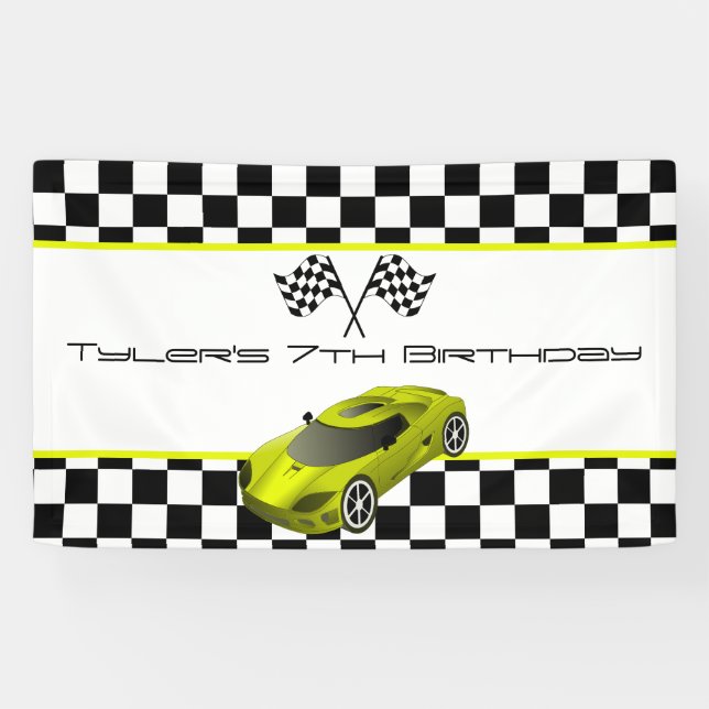 Banderoles Fête d'anniversaire de la voiture de course jaune (Horizontal)