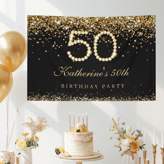 Banderoles Fête d'anniversaire des 50 ans Glam Gold Diamonds (Gold Diamonds 50th Birthday Party Banner )
