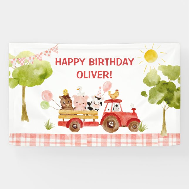 Banderoles Fête d'anniversaire des animaux de ferme tracteurs (Horizontal)