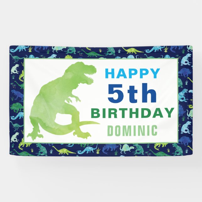 Banderoles Fête d'anniversaire du Dinosaure d'aquarelle T-Rex (Horizontal)