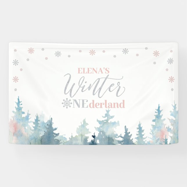 Banderoles Fête d'anniversaire d'un an Silver & Pink Winter O (Horizontal)