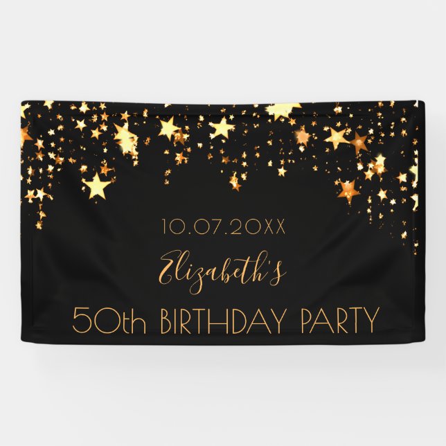 Banderoles Fête d'anniversaire étoiles d'or noir (Horizontal)