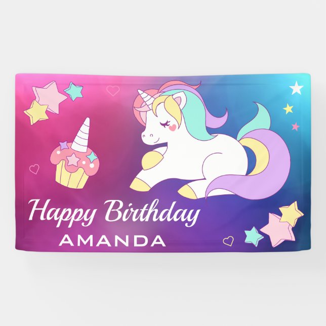 Banderoles Fête d'anniversaire magique mignonne de licorne (Horizontal)
