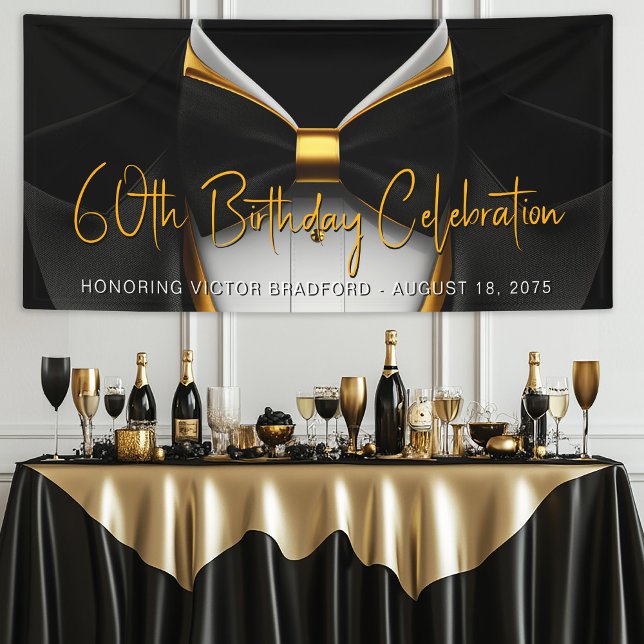 Banderoles Fête d'anniversaire Mens Tuxedo Black Gold (Mens black and gold birthday party banner with tuxedo. Simply add your event details.)