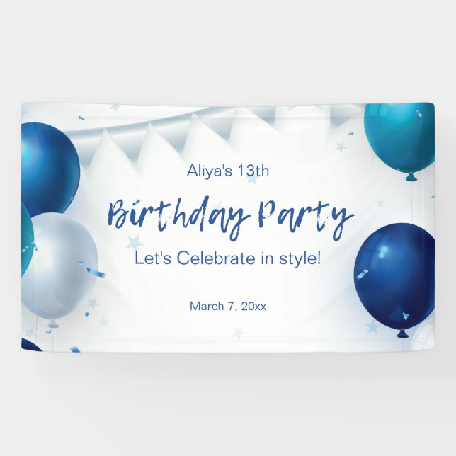 Banderoles Fête d'anniversaire moderne blanche et bleue (Horizontal)