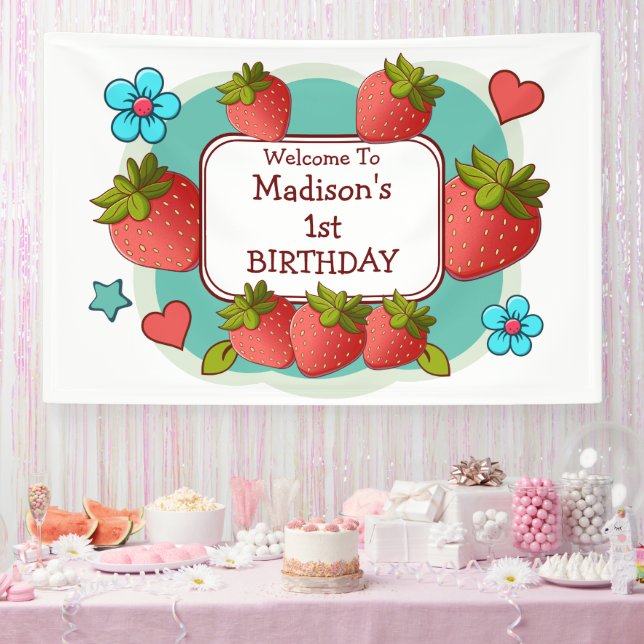Banderoles Fête d'anniversaire personnalisée aux fraises (Fête)