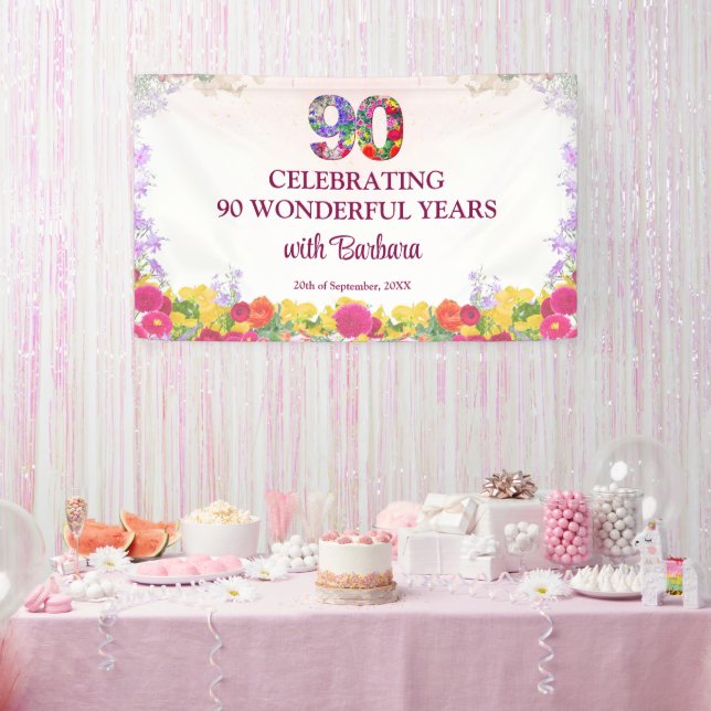 Banderoles Fête de 90e anniversaire Floral Élégant / 90 Ans (Fête)