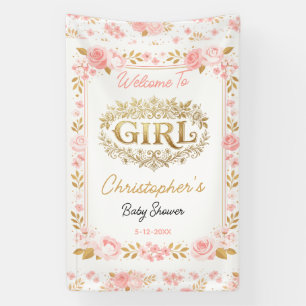 Banderoles Fête de Bébé Fille Rose Poudré et Or Floral