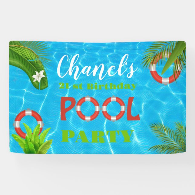 Banderoles Fête de la piscine tropicale | Anniversaire d'été (Horizontal)