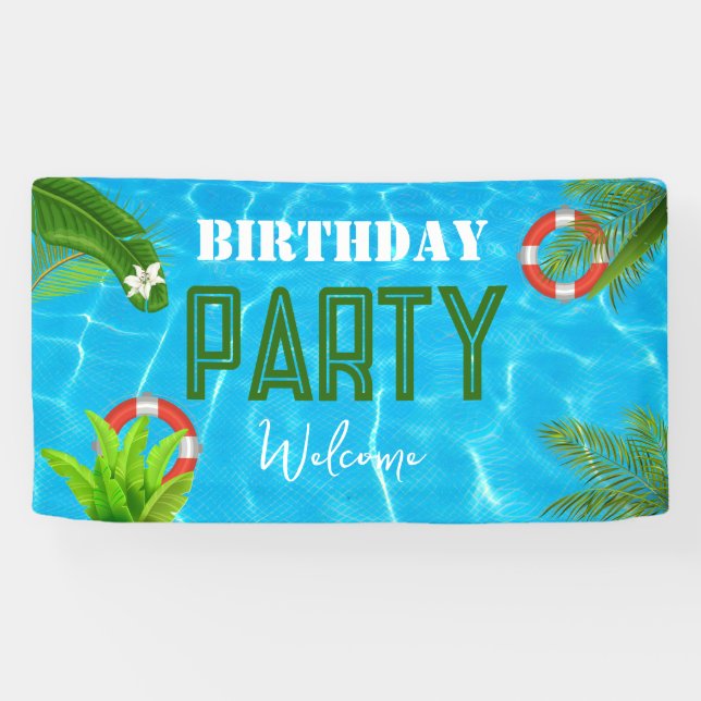 Banderoles Fête de la piscine tropicale | Anniversaire d'été (Horizontal)