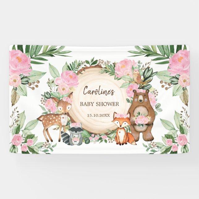 Banderoles Fête de naissance fille aux animaux de la forêt fl (Horizontal)