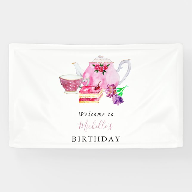 Banderoles Fête de thé d'anniversaire Bienvenue Aquarelle mig (Horizontal)