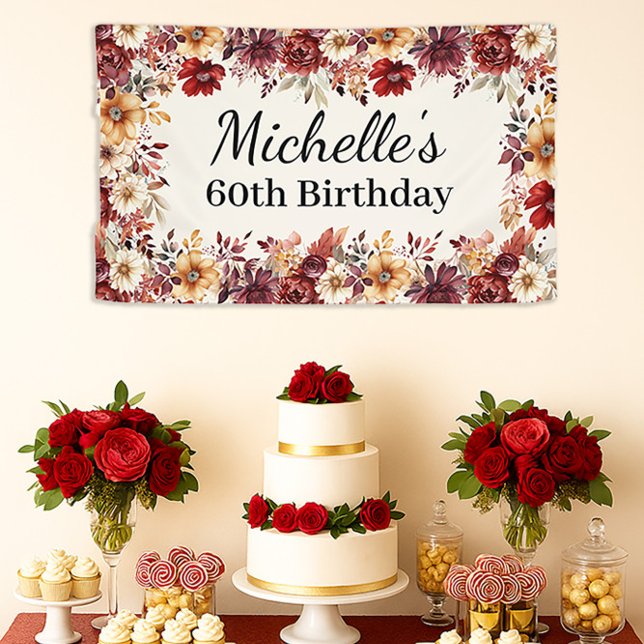 Banderoles Fête des 60 ans Élégante Fleurie Aquarelle Automna (Fall floral 60th birthday party banner)