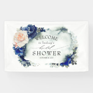 Banderoles Fête des mariées florale bleu marine et pêche