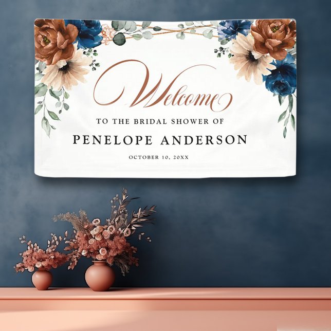 Banderoles Fête des mariées géométrique de la Marine de Terra (bridal shower banner with terracotta and navy flowers)