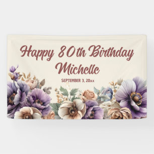 Banderoles Fête élégante de 80 ans avec fleurs aquarelles vio