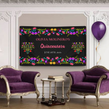 Fête mexicaine Quinceanera noire Florale Anniversa