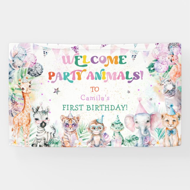 Banderoles Fête moderne mignonne Animaux Fille Anniversaire B (Horizontal)