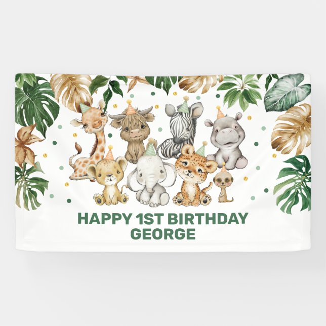 Banderoles Fête Tropicale Animal Jungle Wild Un 1er anniversa (Horizontal)
