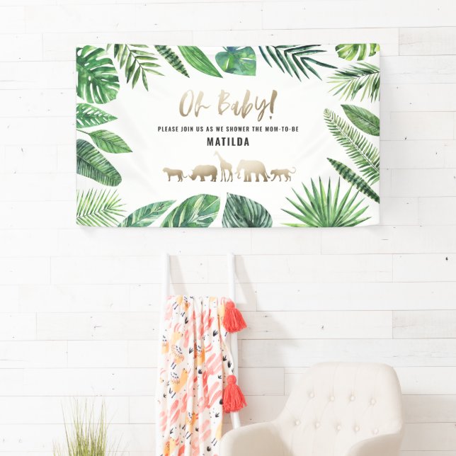 Banderoles Feuillage tropical + animaux d'or baby shower (En situation)