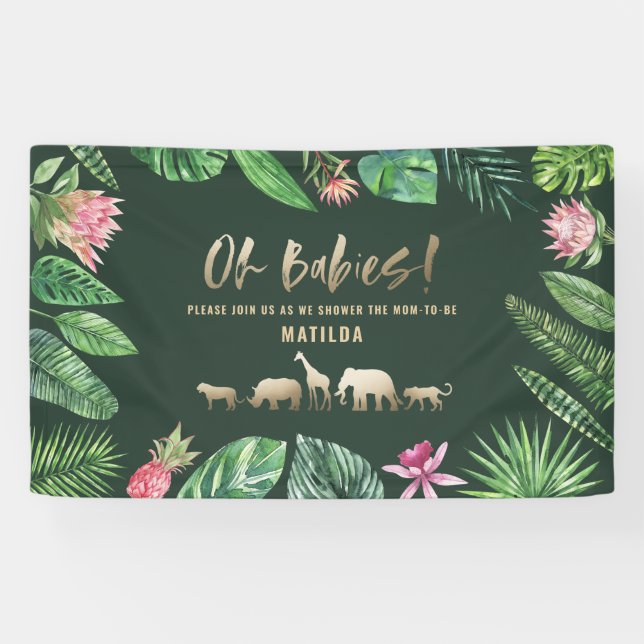 Banderoles Feuillage tropical + baby shower jumeau d'animaux (Horizontal)