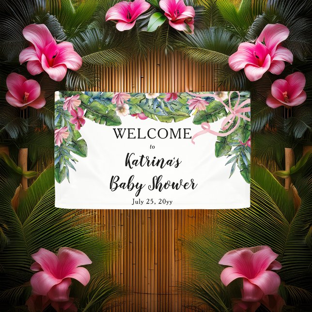 Banderoles Feuilles tropicaux | Baby shower rose floral fille (Boho Tropical Hibiscus and Greenery with Pink Coquette Bow Baby Shower Banner)